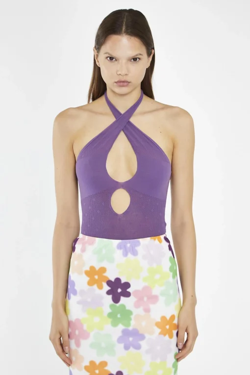 Glamorous Crops, Corsets & Bodysuits|Amethyst Cross-Over Halterneck Knitted-Bodysuit -