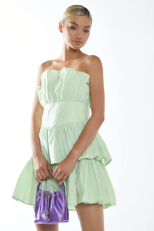 Glamorous Dresses|Best Dressed Guest|Apple Green Bandeau Ruffle Mini-dress -