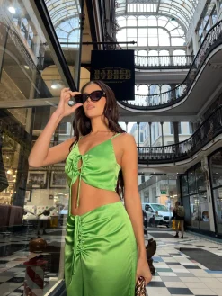 Glamorous Graduation|Going Out Tops|Apple-Green Satin Ruched Keyhole Crop-top -