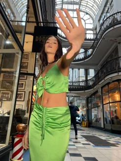 Glamorous Graduation|Going Out Skirts|Apple-Green Satin Ruched Midi-skirt -