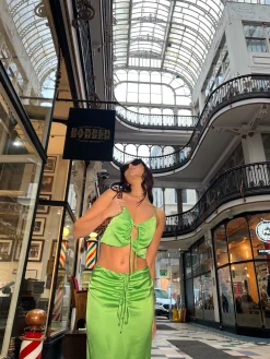 Glamorous Graduation|Going Out Skirts|Apple-Green Satin Ruched Midi-skirt -