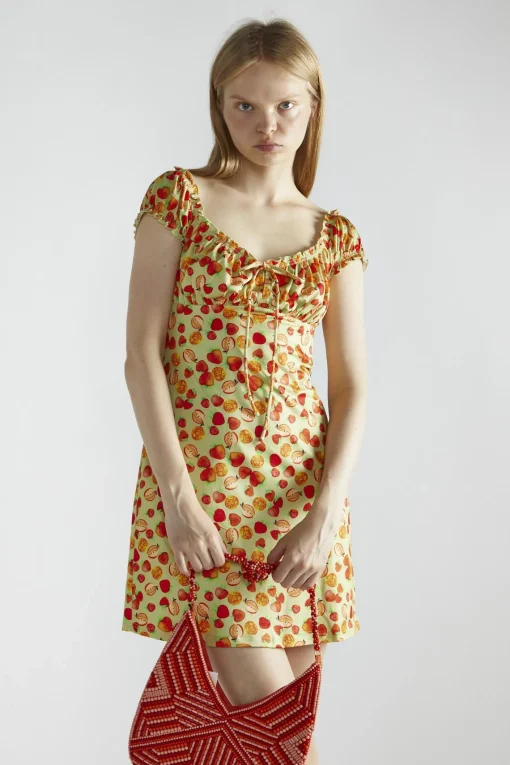 Glamorous Mini Dresses|Mini Dresses|Apple-Green-Fruit Short-Sleeve-A-Line Mini-Dress -