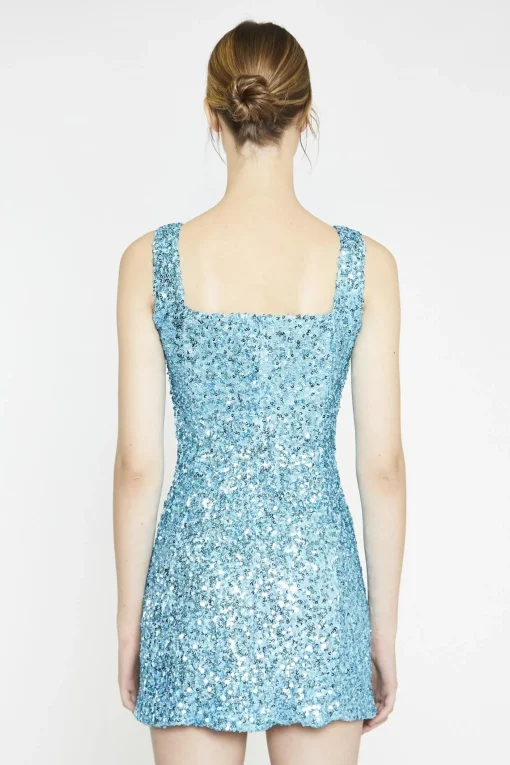 Glamorous Party Dresses|Going Out Dresses|Aquamarine-Sequin Square-Neck Mini-Dress -