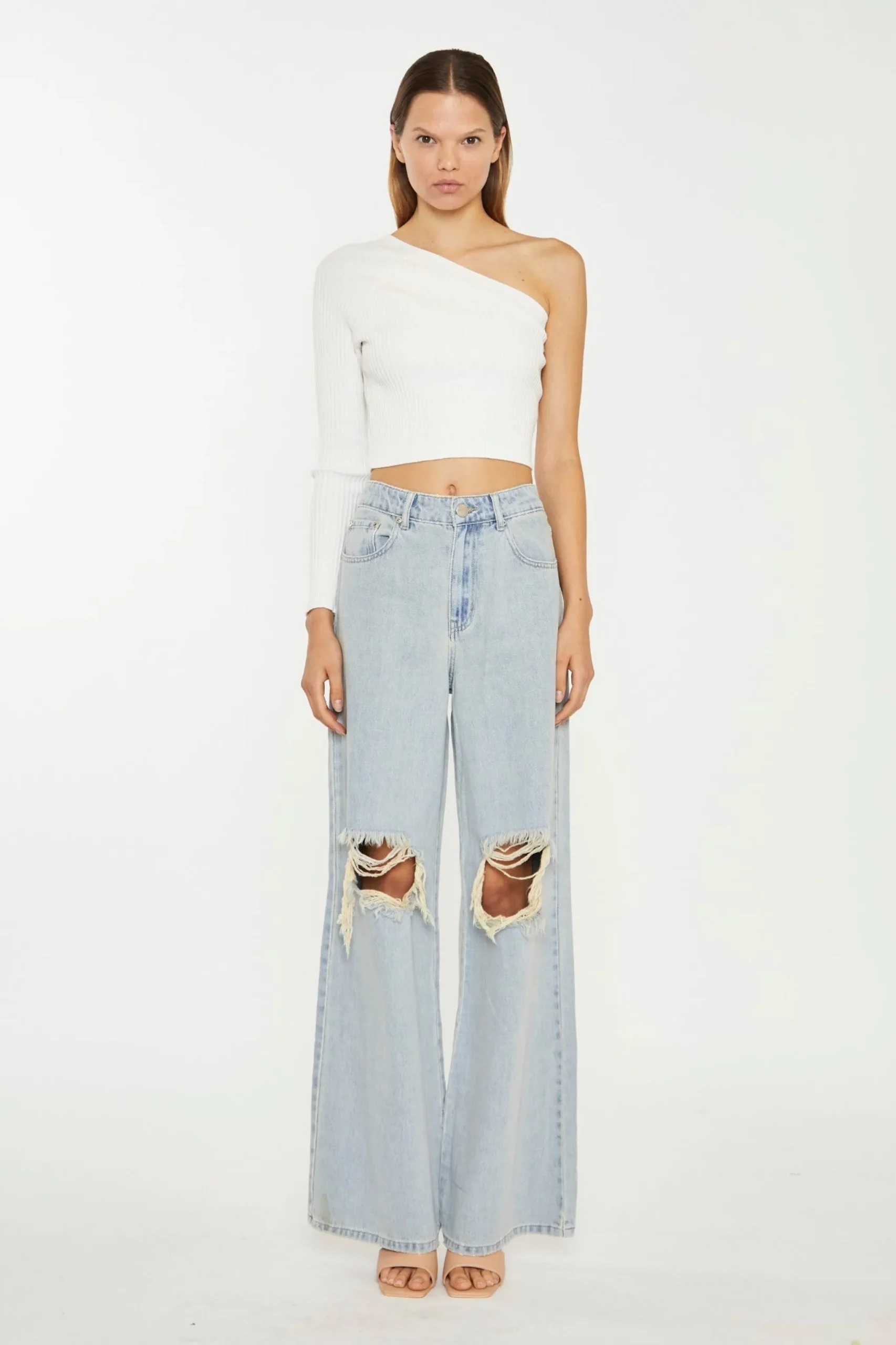 Glamorous Chic Escapes|Ripped & Distressed Jeans|Authentic-Bleach-Wash Distressed Wide Leg Jeans -