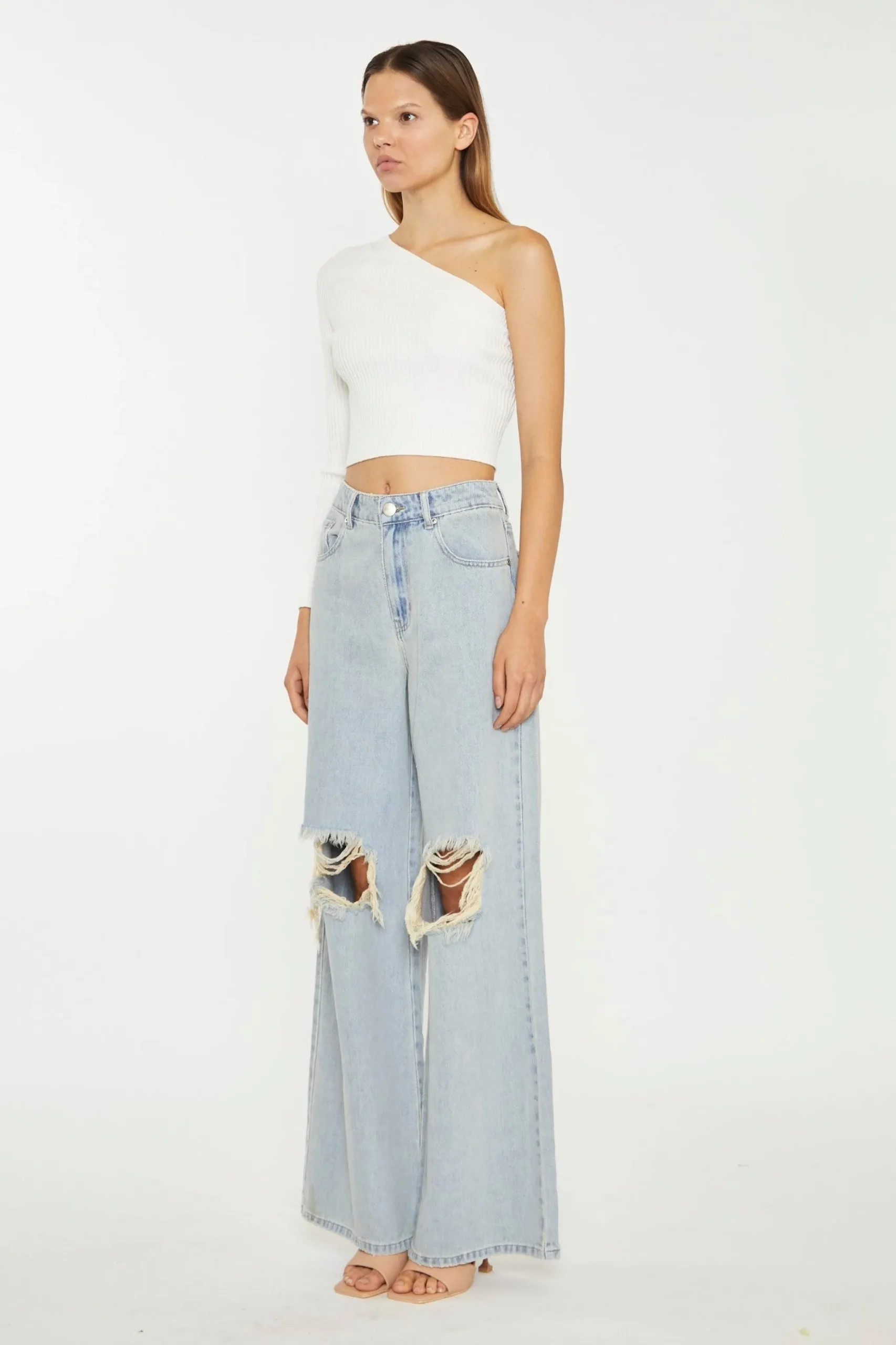 Glamorous Chic Escapes|Ripped & Distressed Jeans|Authentic-Bleach-Wash Distressed Wide Leg Jeans -