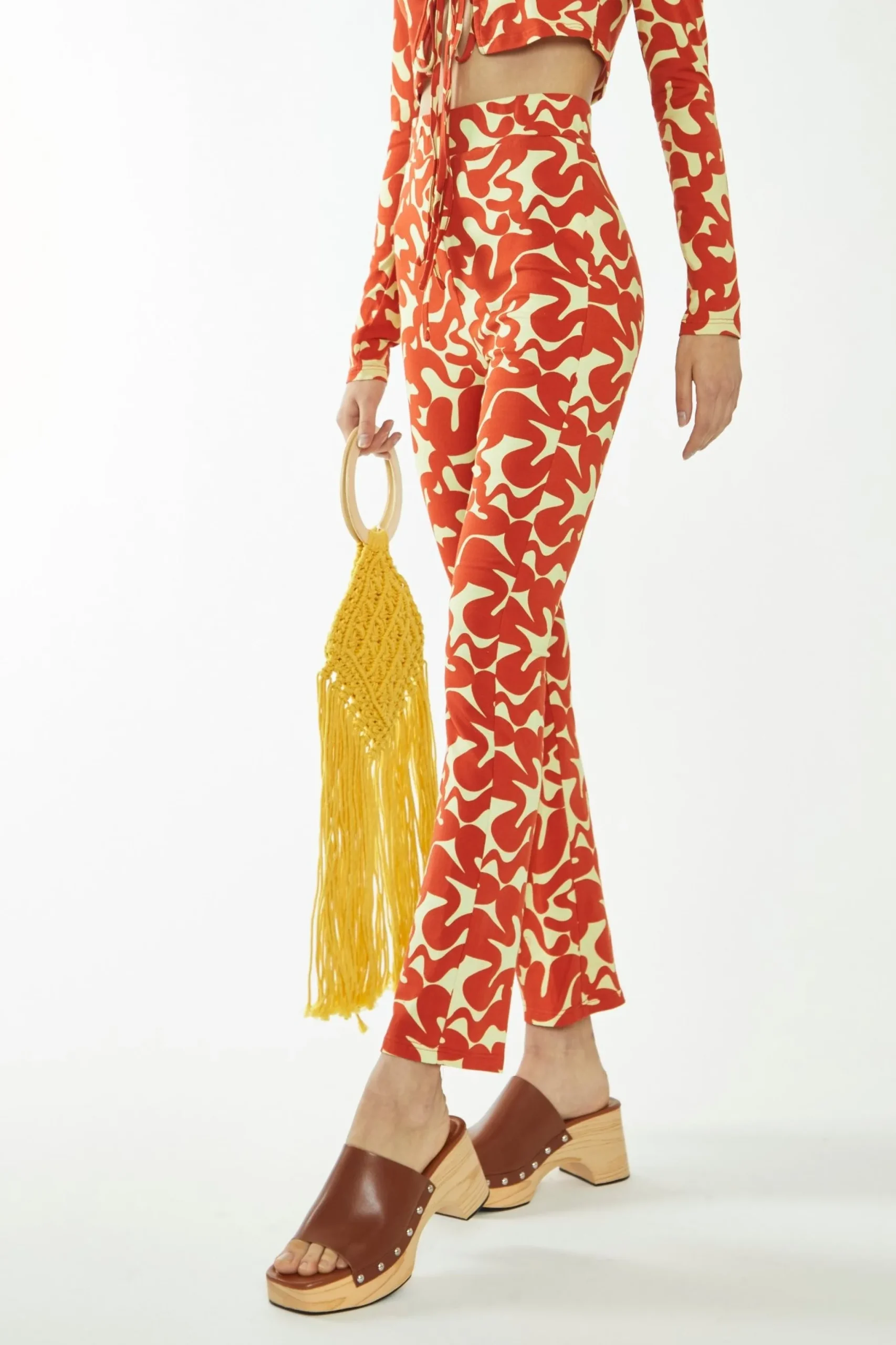 Glamorous Jet Setter|Glamorous Care: Our Sustainable Collection|Banana-Orange Squiggle Jersey Flared Trousers -