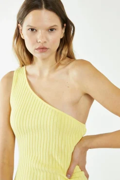 Glamorous Graduation|Best Dressed Guest|Banana-Yellow Rib-Knit Asymmetric Midi Dress -