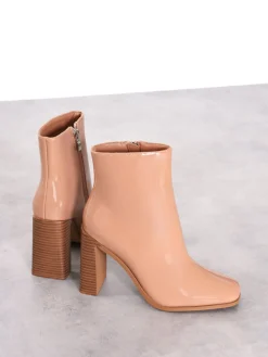 Glamorous Boots|Heels|Beige Patent Square-Toe Chunky Heel Boots -