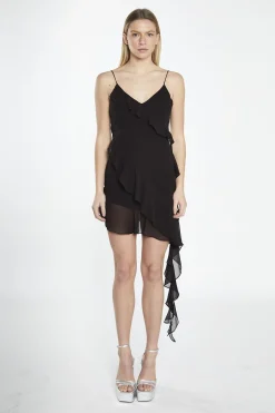 Glamorous Day Dresses|Party Dresses|Black Asymmetric-Ruffle Mini-Dress -