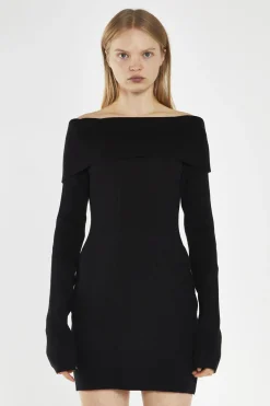 Glamorous Day Dresses|Knitted Dresses|Black Bardot Knitted Mini-Dress -
