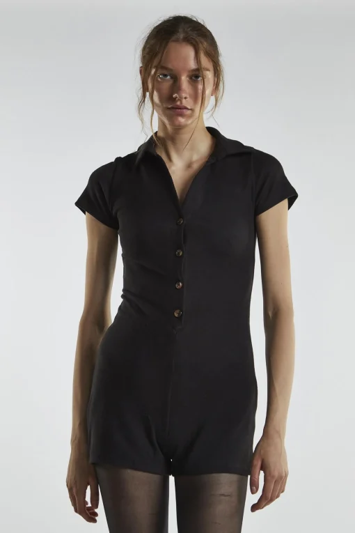 Glamorous Playsuits|Black Button-Front Playsuit -