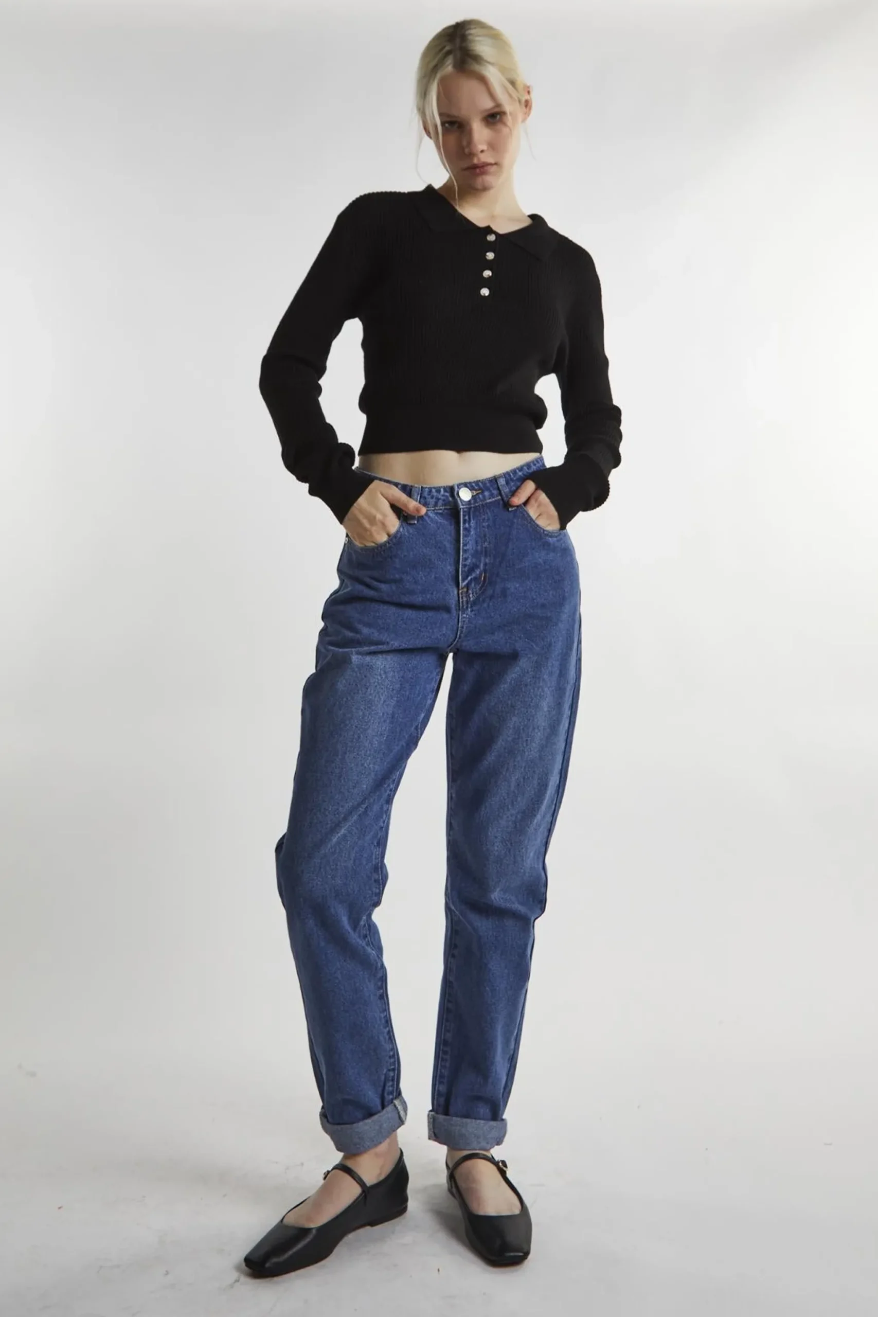 Glamorous Blouses & Shirts|Crops, Corsets & Bodysuits|Black Collared Button Up Long-Sleeve-Crop-Top -