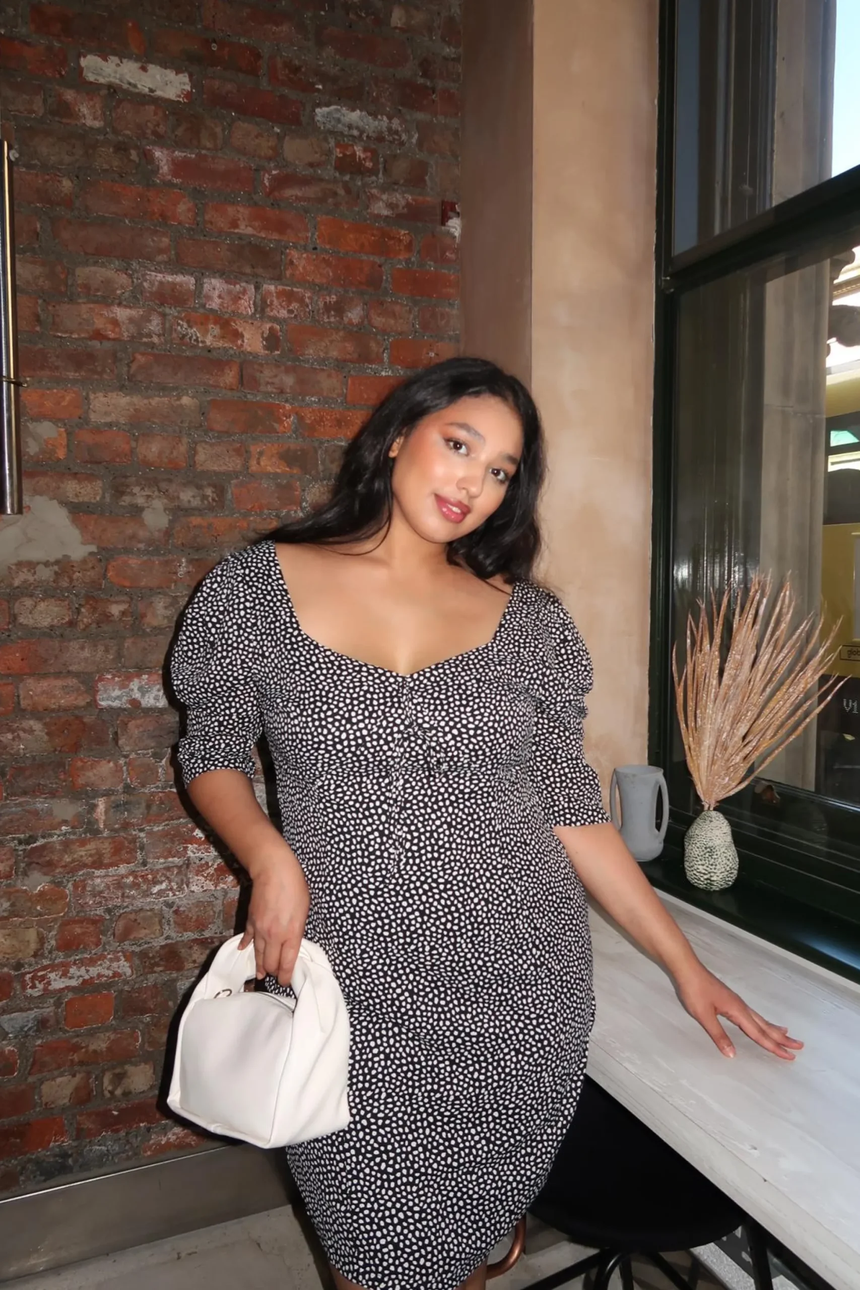 Glamorous Day Dresses|Party Dresses|Black Dalmatian-Spot Midi-Dress -