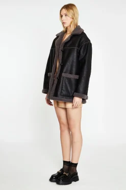 Glamorous Workwear|Faux Fur & Leather|Black Dark-Grey Oversized Shearling Coat -