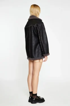 Glamorous Workwear|Faux Fur & Leather|Black Dark-Grey Oversized Shearling Coat -