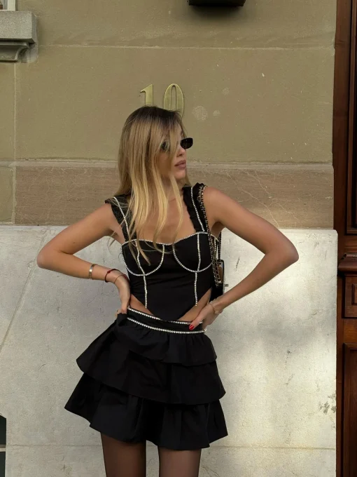 Glamorous Going Out Tops|Crops, Corsets & Bodysuits|Black Diamante-Trim Corset-Top -