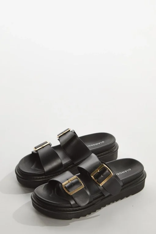 Glamorous Sandals|Black Double-Strap Sandals -