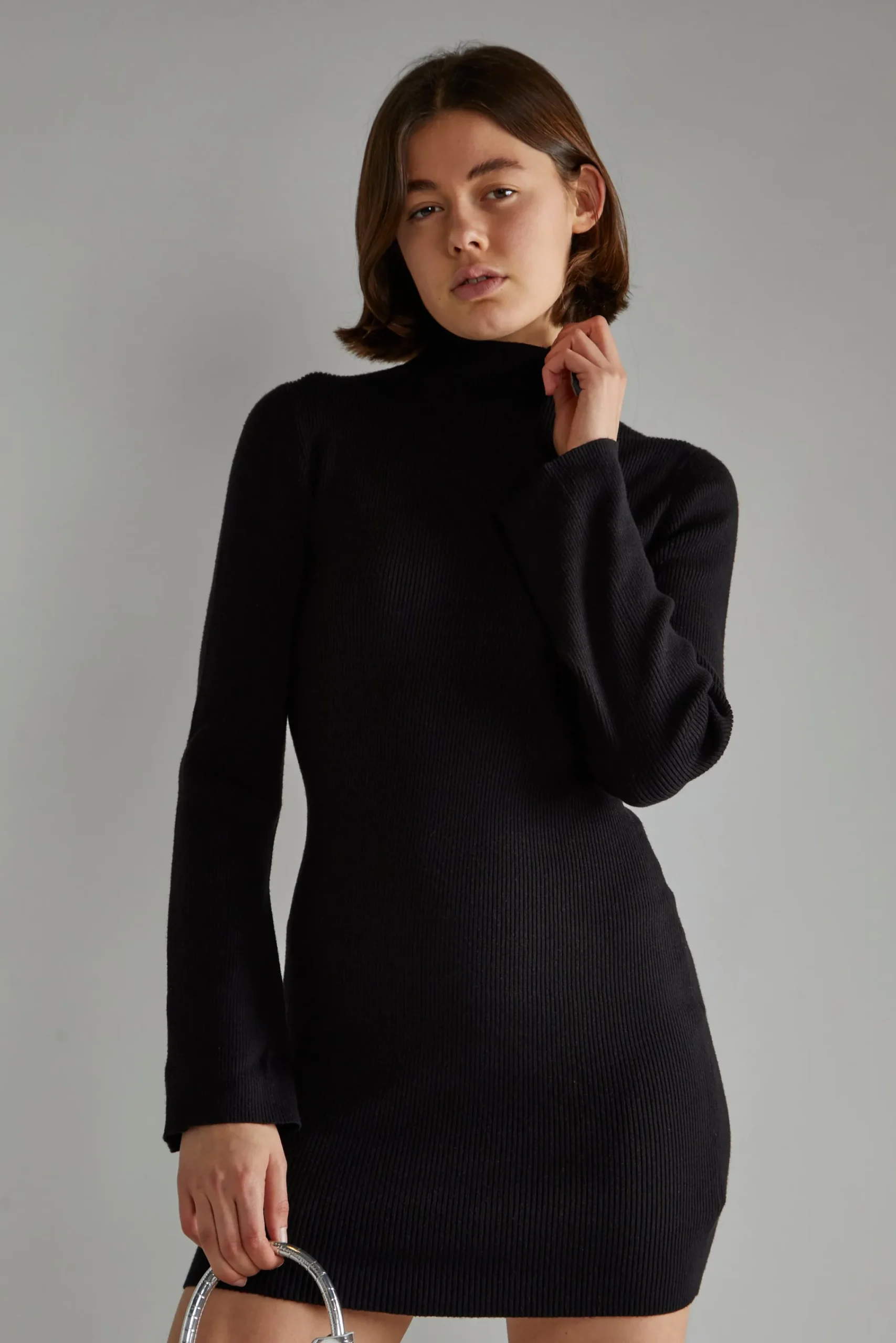 Glamorous Day Dresses|Knitted Dresses|Black Flared Sleeve Knitted Mini-Dress -
