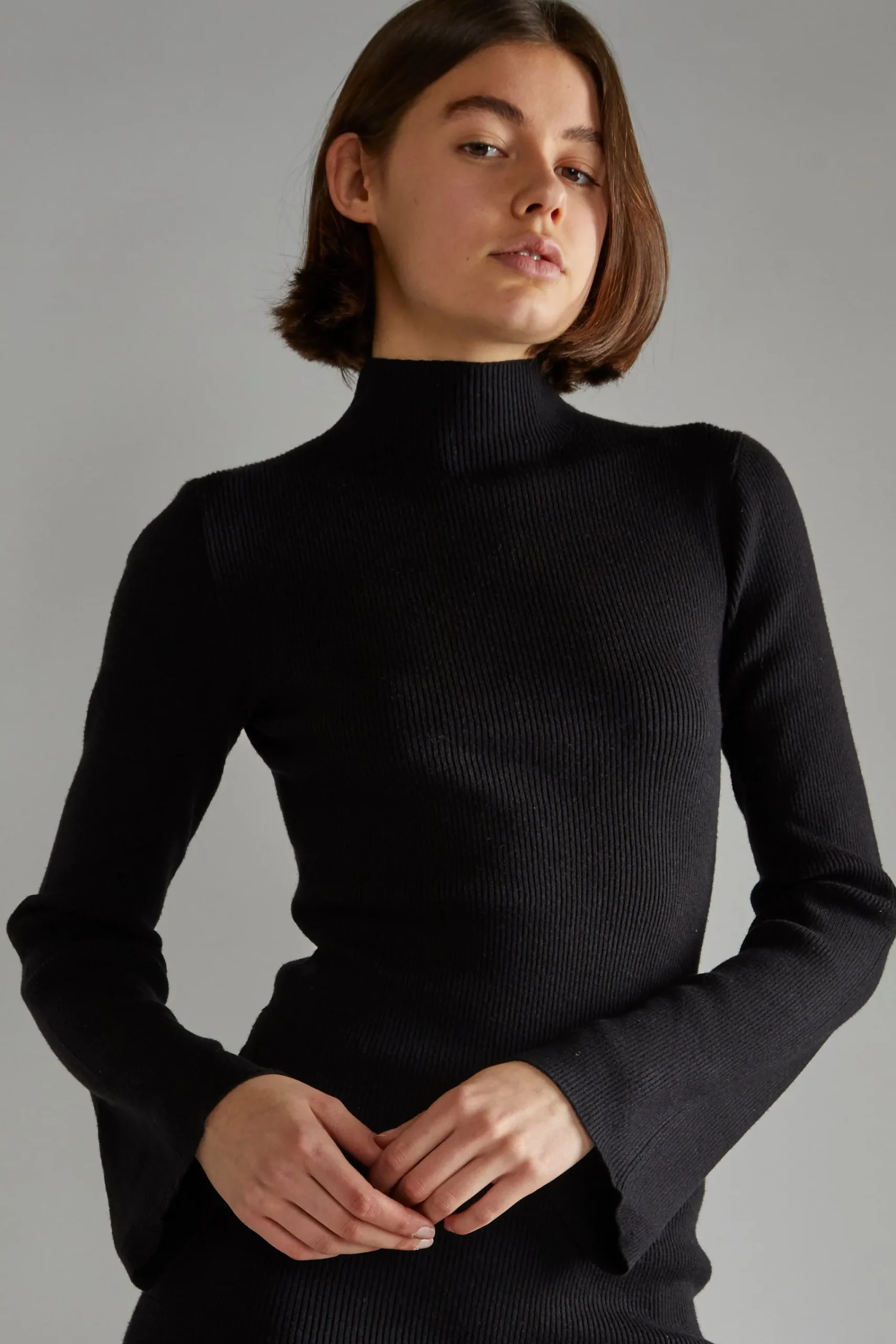 Glamorous Day Dresses|Knitted Dresses|Black Flared Sleeve Knitted Mini-Dress -