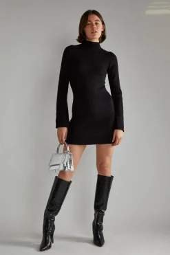 Glamorous Day Dresses|Knitted Dresses|Black Flared Sleeve Knitted Mini-Dress -