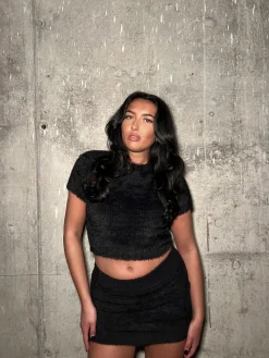 Glamorous Knitted Skirts|Mini Skirts|Black Fluffy-Knit Mini-Skirt -