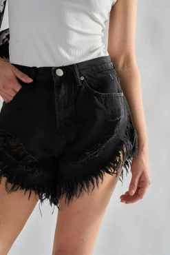 Glamorous Denim Shorts|Black High-Waisted Distressed Denim-Shorts -