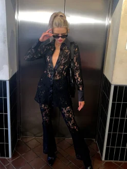 Glamorous Go To Partywear|Flares|Black Lace High-Waisted Flared Trousers -