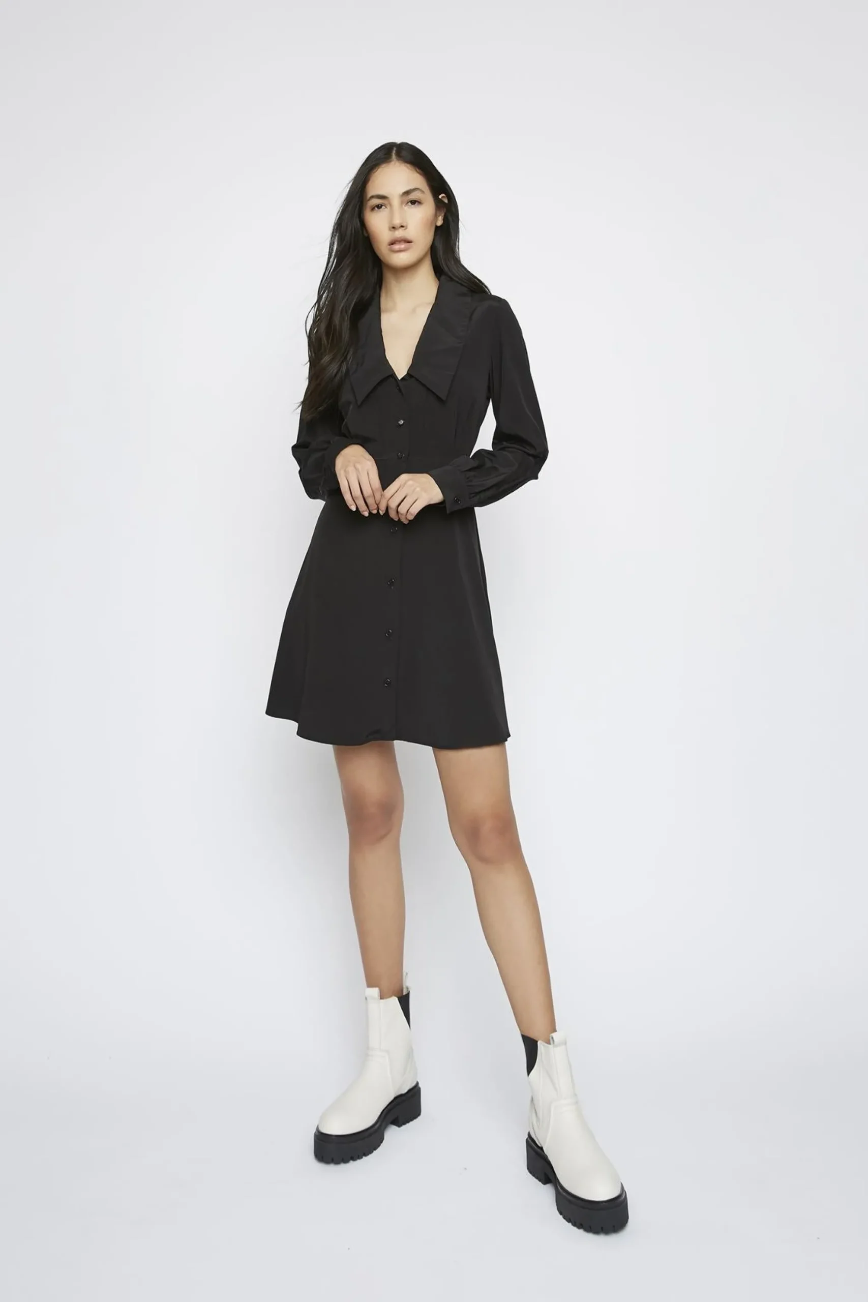 Glamorous Day Dresses|Mini Dresses|Black Long-Sleeve V-Neck Mini-Dress -