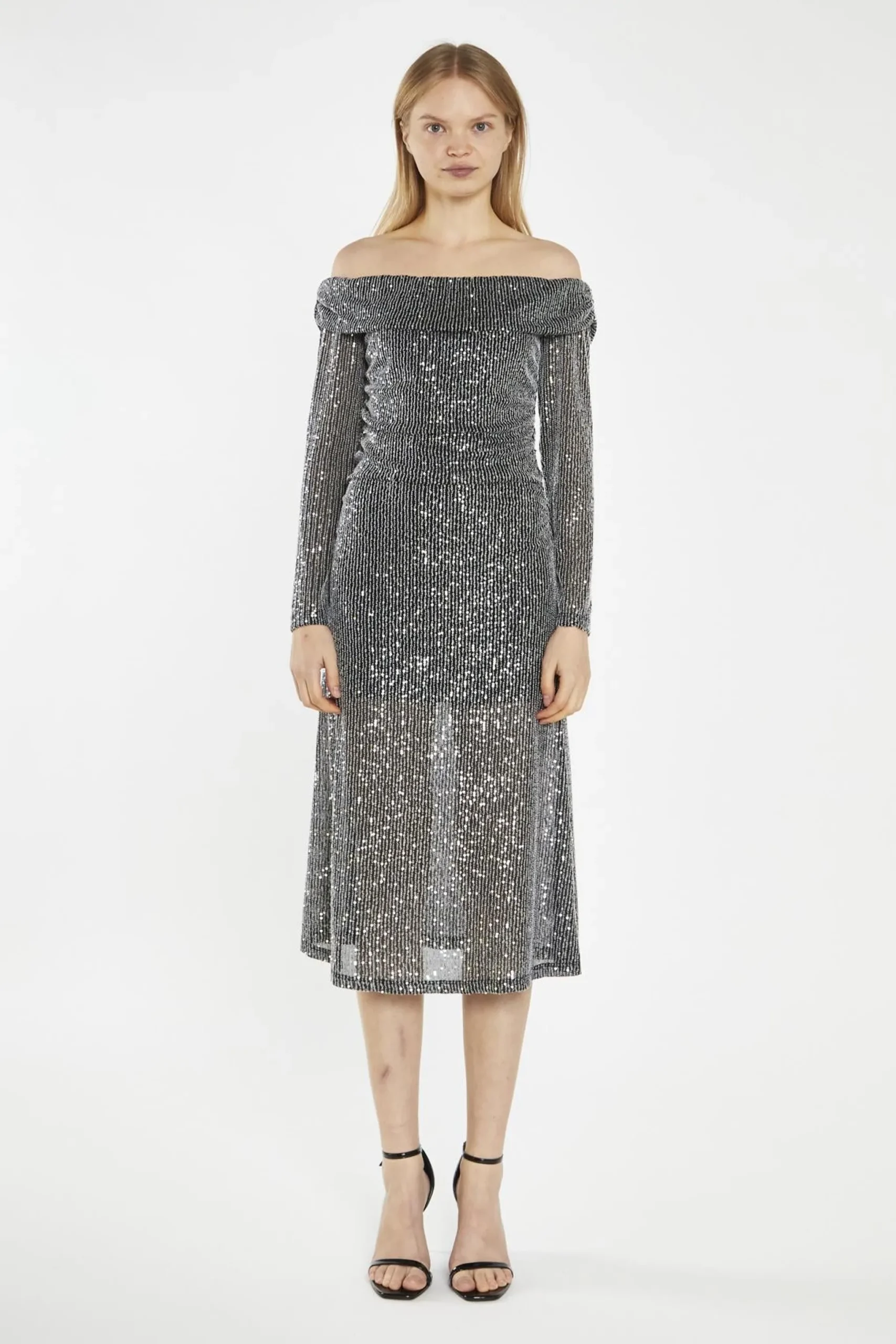 Glamorous Party Dresses|Going Out Dresses|Black Mesh-Sequin Bardot Midi-Dress -