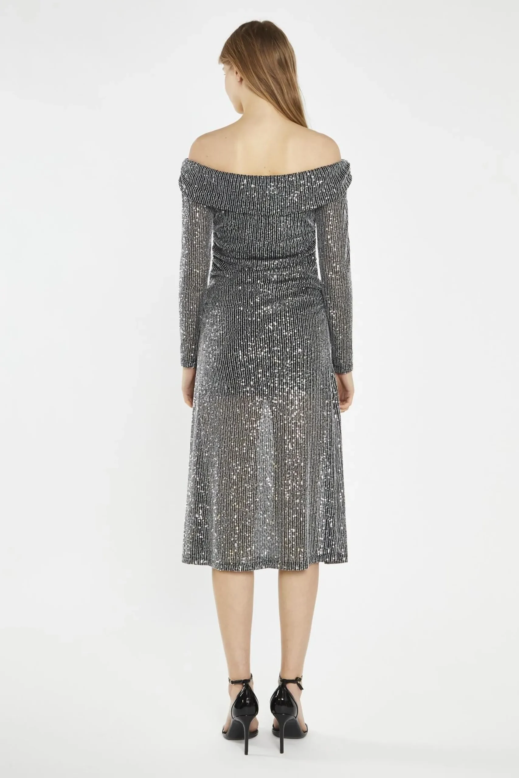 Glamorous Party Dresses|Going Out Dresses|Black Mesh-Sequin Bardot Midi-Dress -