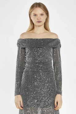 Glamorous Party Dresses|Going Out Dresses|Black Mesh-Sequin Bardot Midi-Dress -