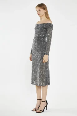 Glamorous Party Dresses|Going Out Dresses|Black Mesh-Sequin Bardot Midi-Dress -