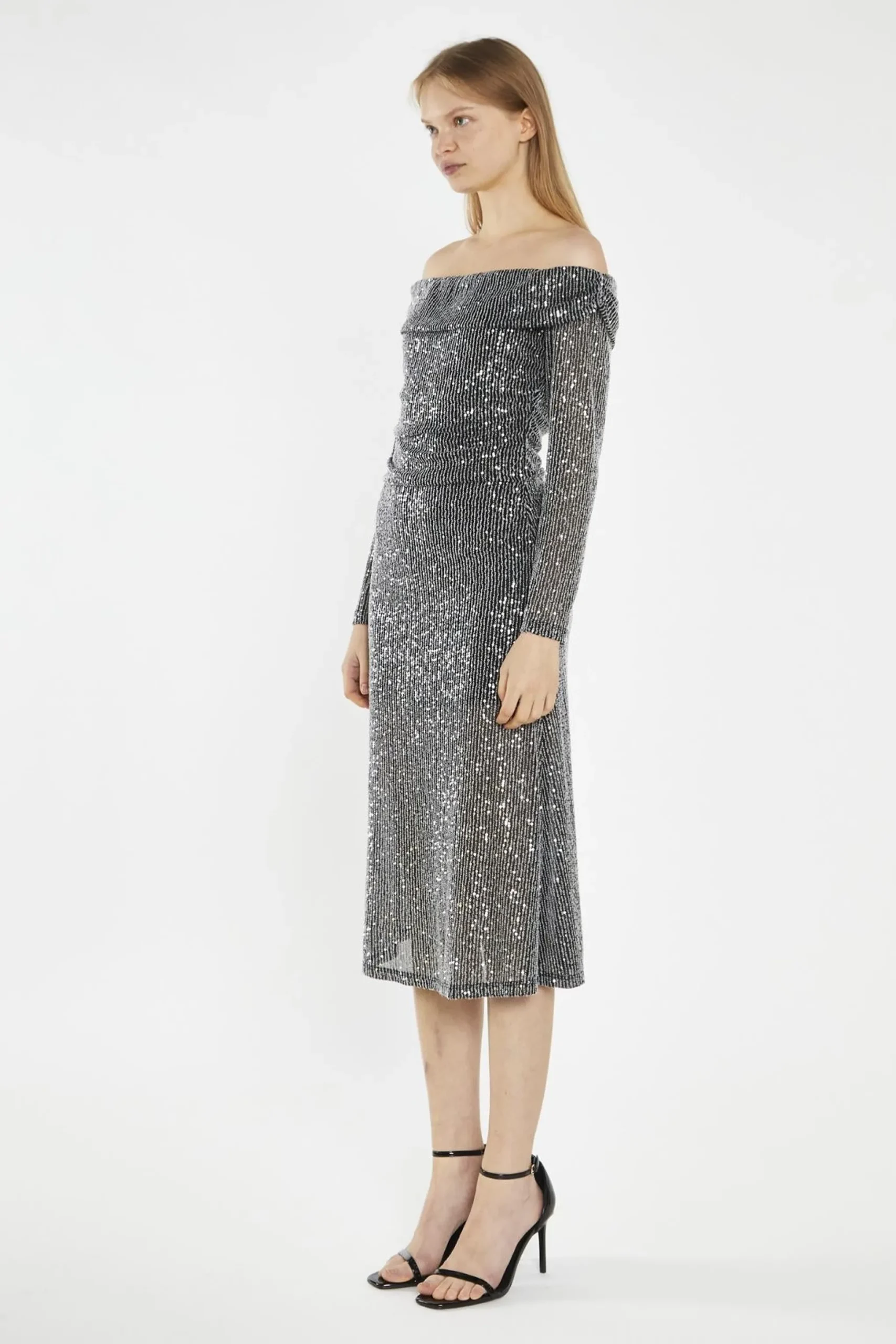 Glamorous Party Dresses|Going Out Dresses|Black Mesh-Sequin Bardot Midi-Dress -