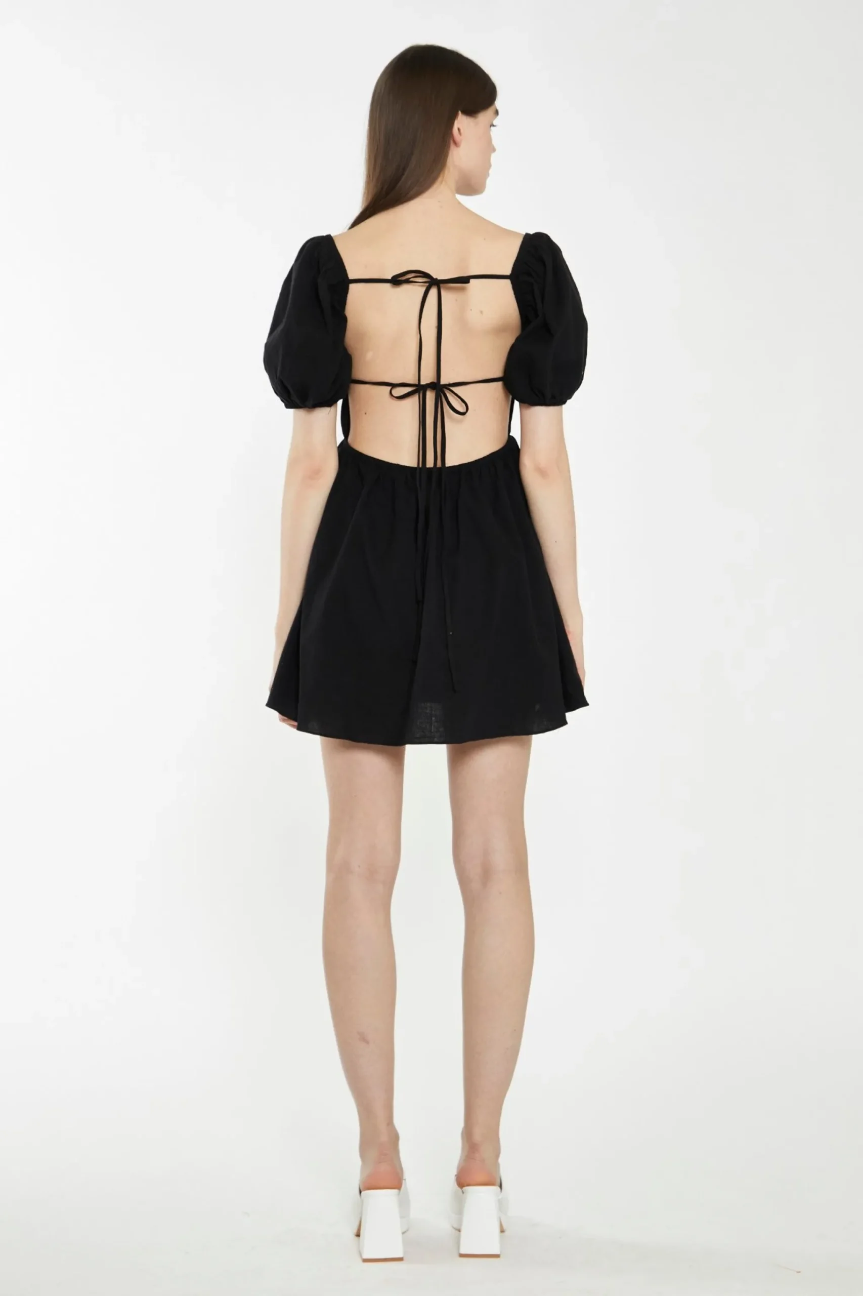 Glamorous Best Dressed Guest|Chic Escapes|Black Open-Back Babydoll Mini Dress -