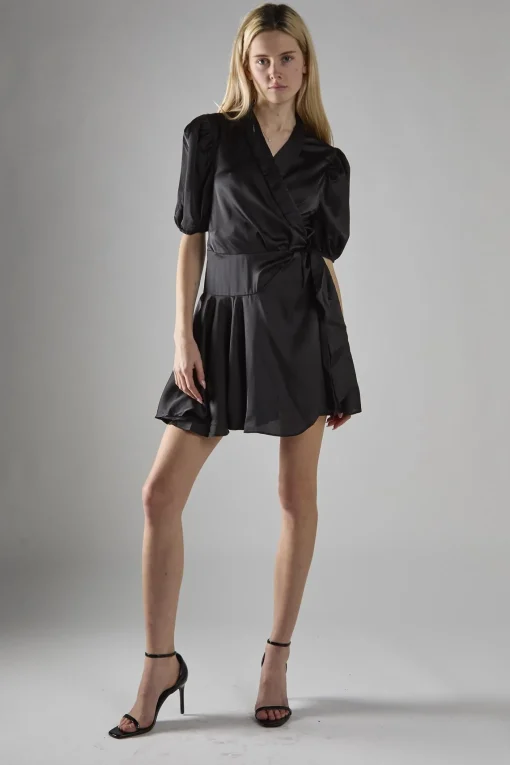 Glamorous Mini Dresses|Mini Dresses|Black Sateen V-Neck Wrap Mini-Dress -