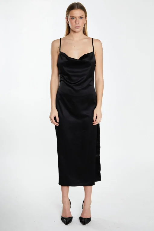 Glamorous Prom|Graduation|Black Satin Cowl Neck Midi Dress -