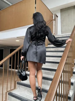 Glamorous Party Dresses|Going Out Dresses|Black Satin Wrap Mini-Dress -