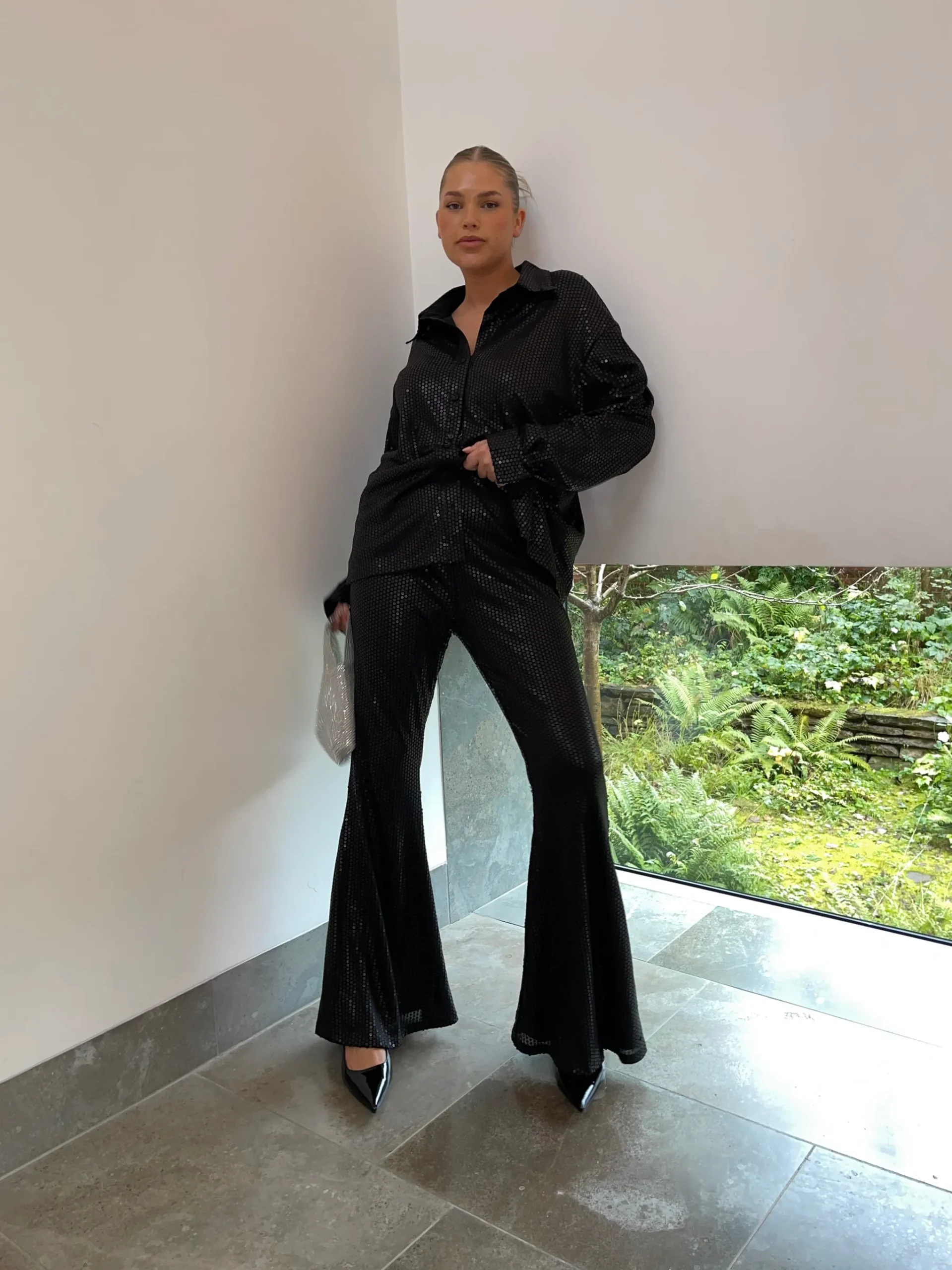 Glamorous Workwear|Going Out Tops|Black Sequin Oversized Shirt -