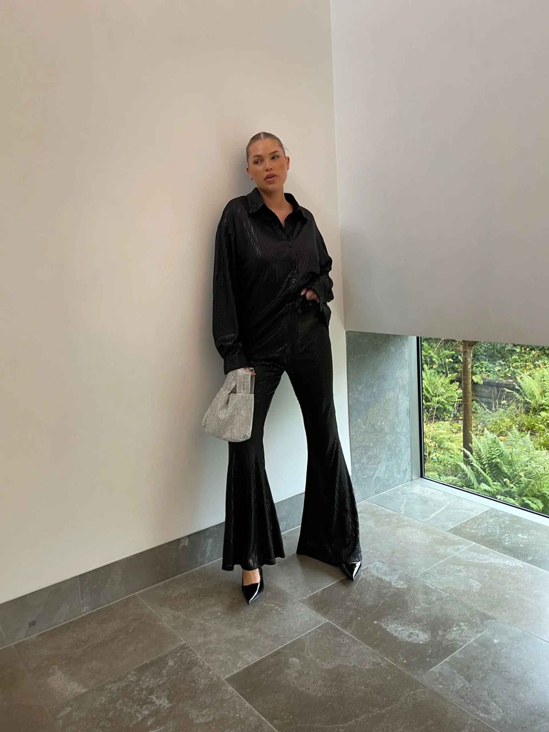 Glamorous Workwear|Going Out Tops|Black Sequin Oversized Shirt -