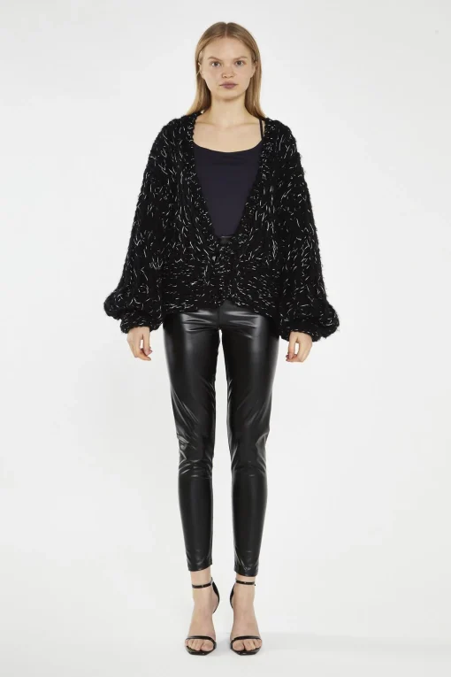 Glamorous Cardigans|Black Silver-Fleck Cable-Knit Cardigan -