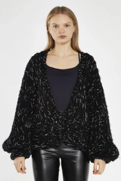 Glamorous Cardigans|Black Silver-Fleck Cable-Knit Cardigan -