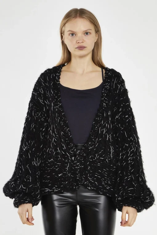 Glamorous Cardigans|Black Silver-Fleck Cable-Knit Cardigan -