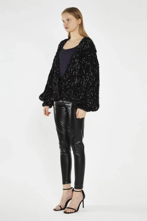 Glamorous Cardigans|Black Silver-Fleck Cable-Knit Cardigan -