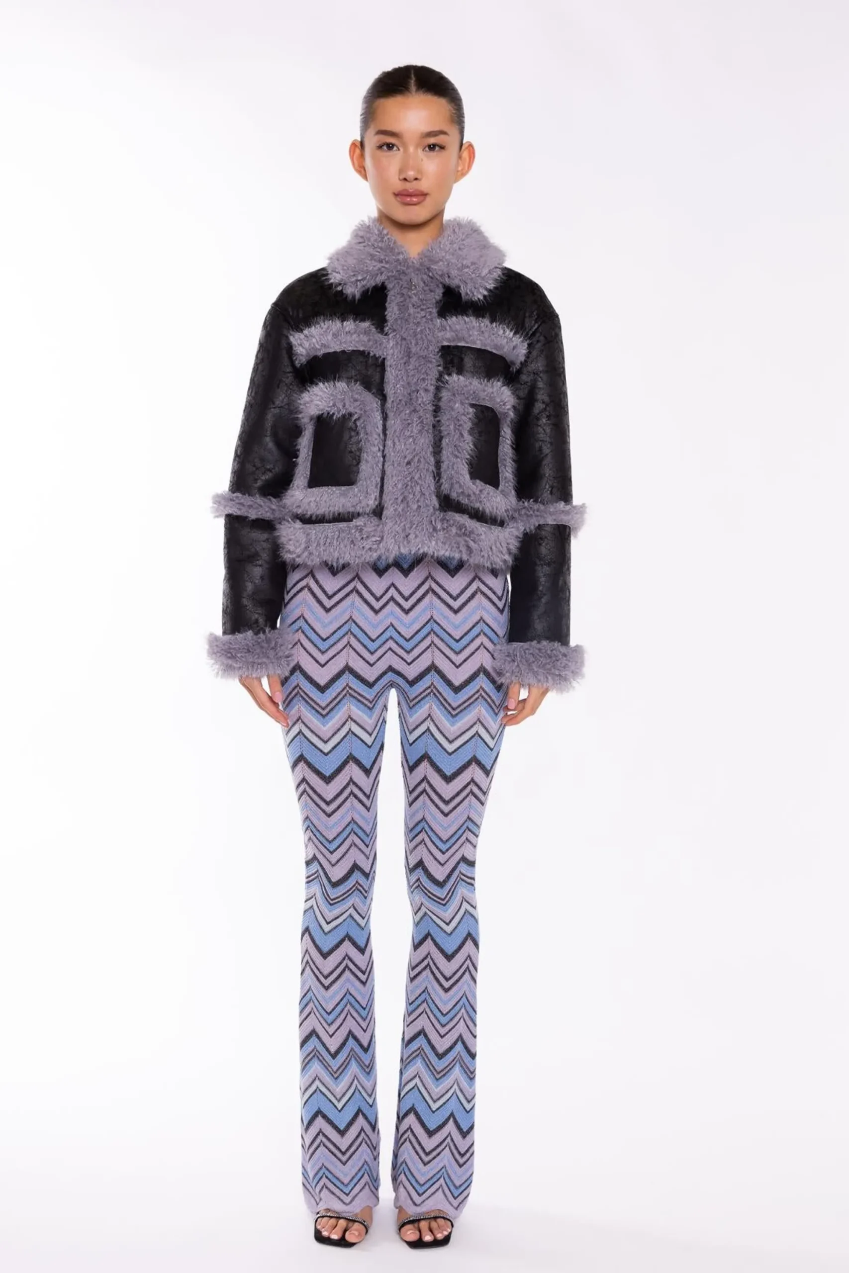 Glamorous Faux Fur & Leather|Jackets|Black Steel-Grey Shearling Trim Cropped-Jacket -