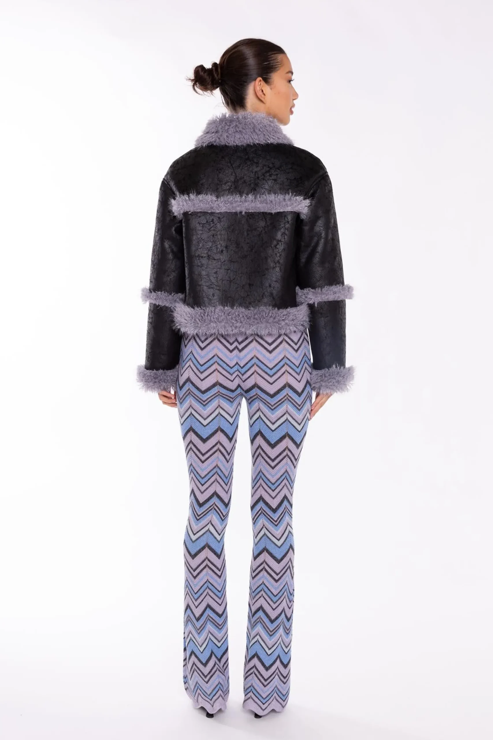 Glamorous Faux Fur & Leather|Jackets|Black Steel-Grey Shearling Trim Cropped-Jacket -