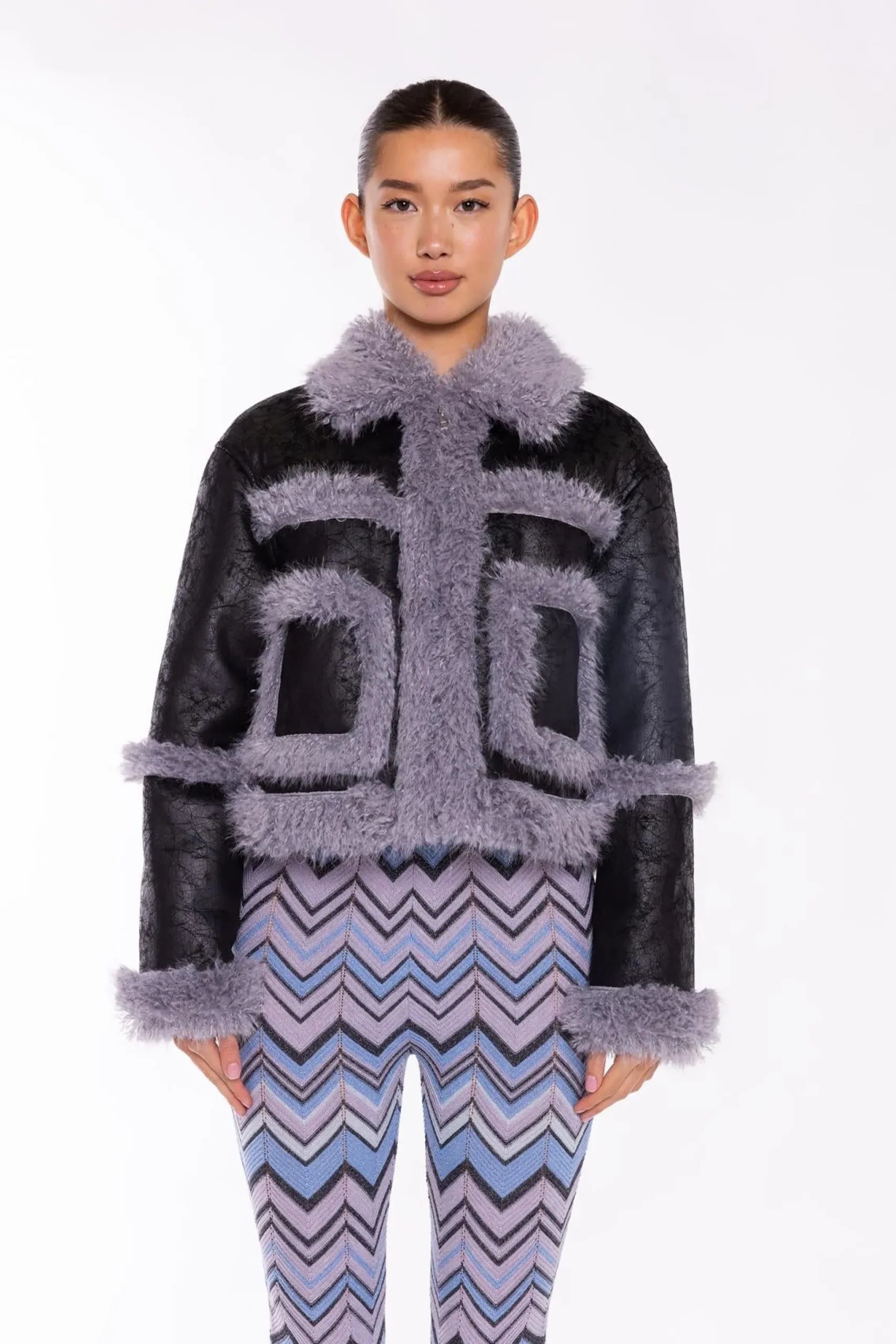 Glamorous Faux Fur & Leather|Jackets|Black Steel-Grey Shearling Trim Cropped-Jacket -