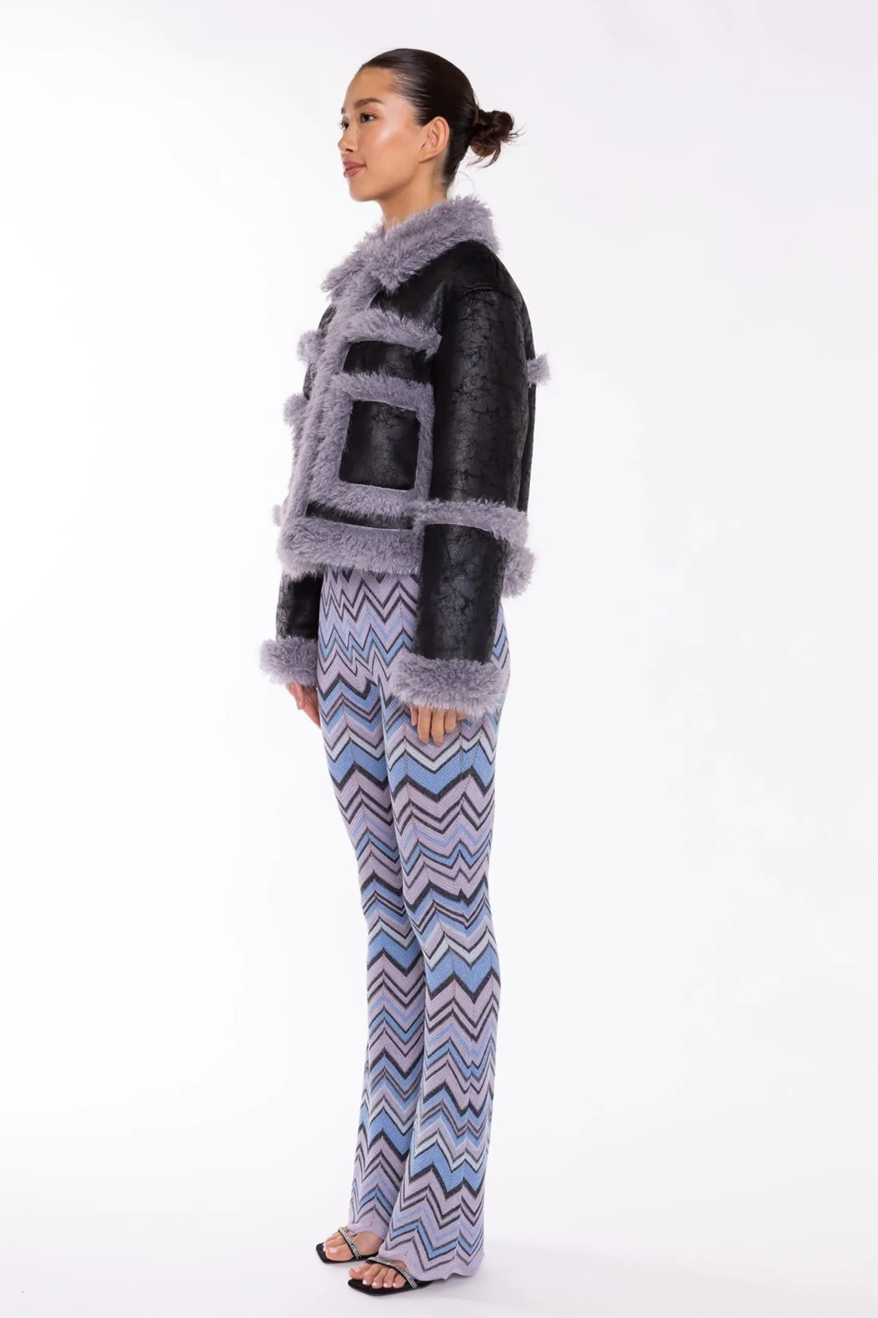 Glamorous Faux Fur & Leather|Jackets|Black Steel-Grey Shearling Trim Cropped-Jacket -