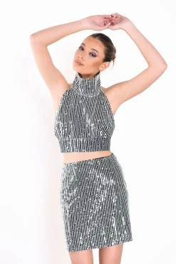 Glamorous Going Out Tops|Crops, Corsets & Bodysuits|Black White Sequin High Neck Backless Crop Top -