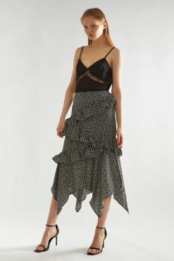 Glamorous Midi & Midaxi Skirts|Black-Animal Spot Asymmetric Ruffle Midi-Skirt -