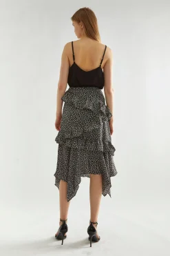 Glamorous Midi & Midaxi Skirts|Black-Animal Spot Asymmetric Ruffle Midi-Skirt -